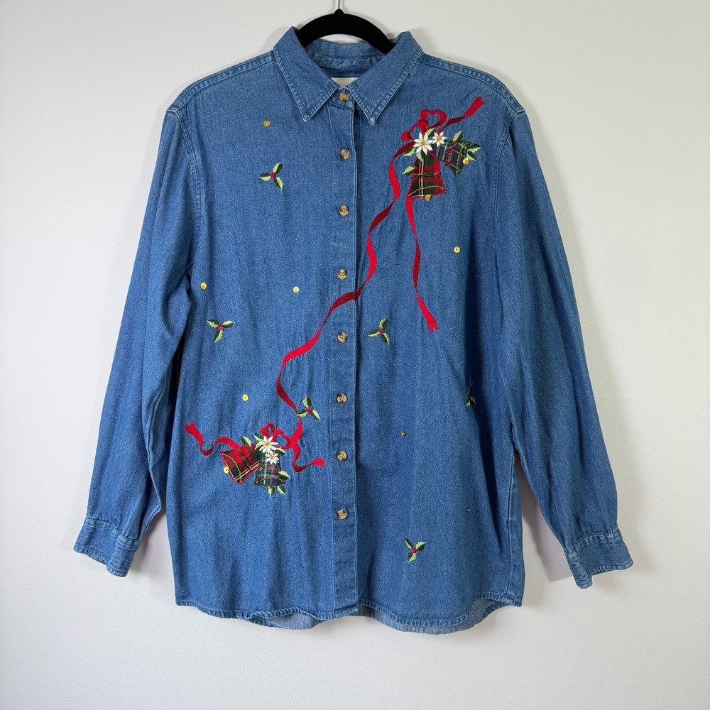 Vintage Denim Cotton Christmas Button Shirt Holiday Novelty Western Cowgirl L